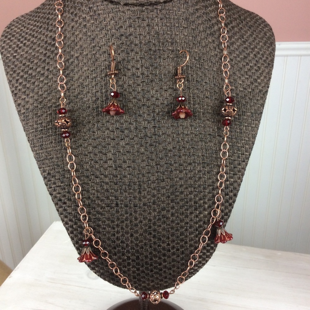 Antique Copper Floral Necklace and Earrings
